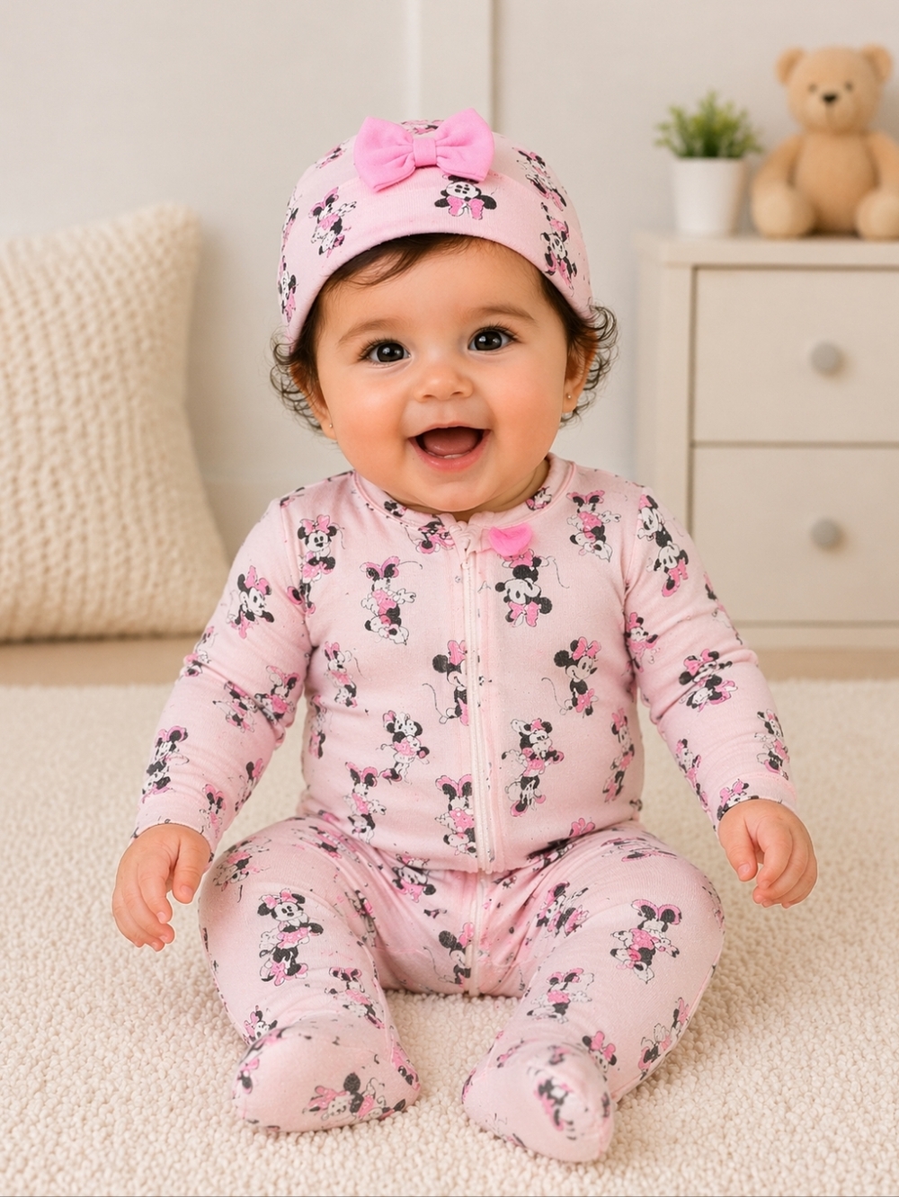 Disney Baby Pink Minnie Mouse Footed Zip Up Onsie with Matching Beanie - New